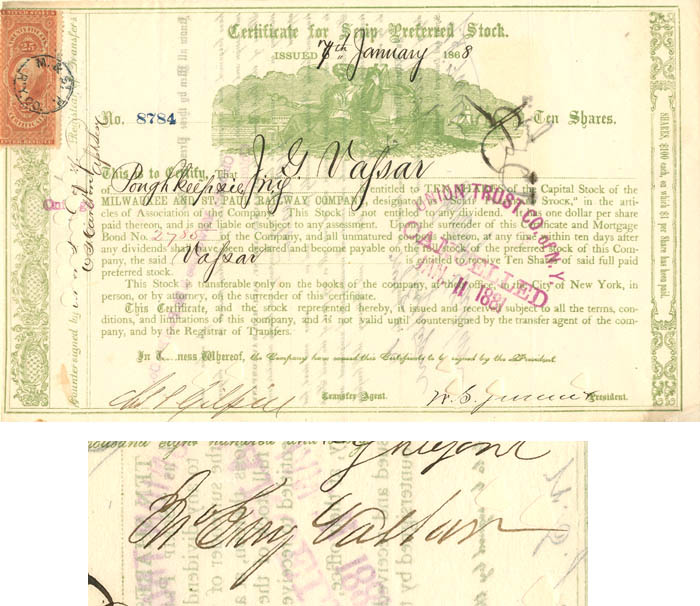 Milwaukee and St. Paul Railway Co. signed by Jn. Guy Vassar - Stock Certificate